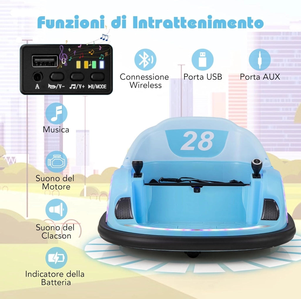 Autoscontro Elettrico per Bambini, Macchina Elettrica per Bambini con Luci LED, Connessione Wireless, Musica Giro a 360°, Macchina Cavalcabile per Bambini dai 18+ Mesi (Blu)