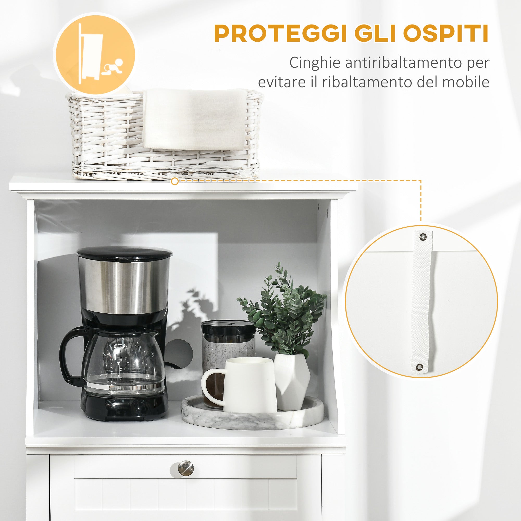 Mobile Cucina per Microonde 60x40x122,5 cm con Cassetto e Armadietto 2 Ante in MDF Bianco