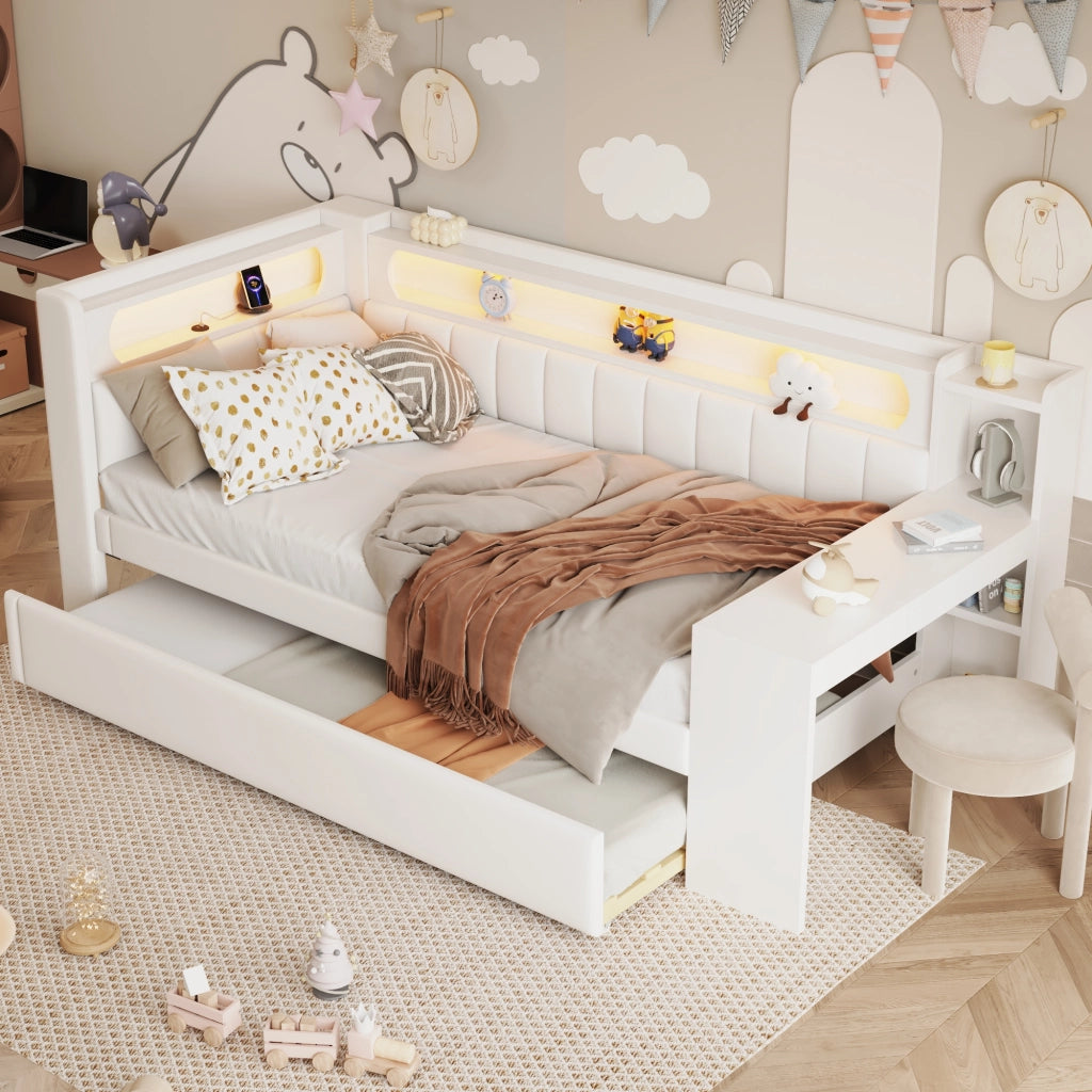 OKWISH Letto a Divano 90×200 cm, Letto Singolo con USB, LED Regolabile e Scrivania, letto estraibile 90×190 cm, senza Materasso, Bianco