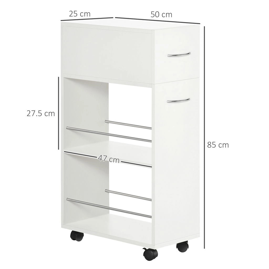 CARRELLO DA CUCINA CON 2 RIPIANI APERTI E CASSETTO ESTRAIBILE 25X50X85 CM BIANCO