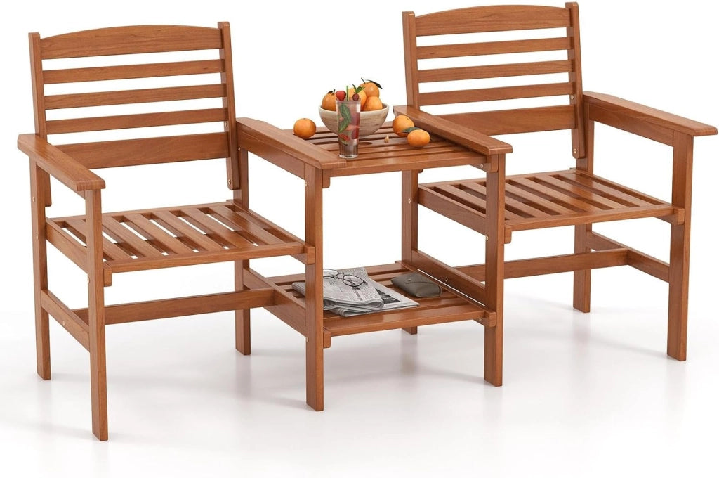 Set di salotto da giardino in un pezzo, in legno massello, 1 tavolo con foro per ombrelloni e 2 poltrone, mobili da esterno per cortile, patio, terrazza, carico 120 kg, naturale