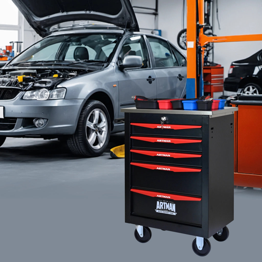 Mobile contenitore con 5 cassetti e ruote in acciaio per garage e officina, con chiusura a chiave, nero rosso