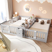 Letto doppio per bambini 90x200 cm con scaffale e 2 cassetti; in legno grigio