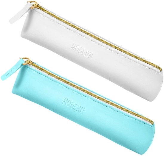 Pacco di 2 custodie in pelle, custodie in pelle sintetica, custodie sottili, custodia portatile in pelle con chiusura a righello per cosmetici (blu e bianco)