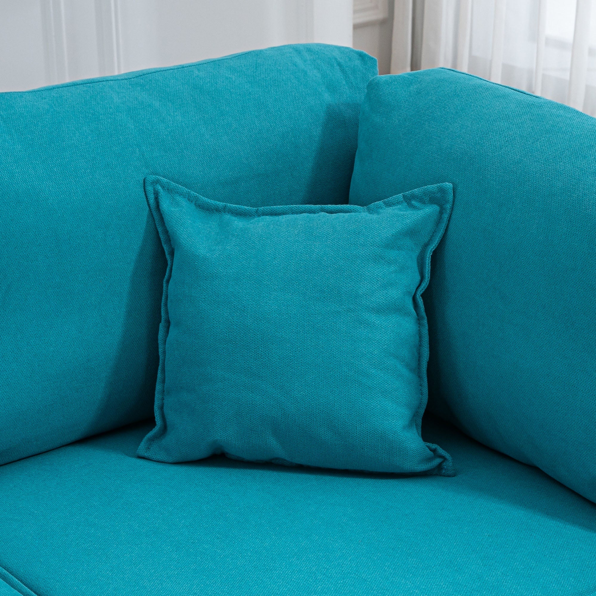 Divano Componibile a L con Braccioli e Poggiapiedi 222x154.5x71 cm in Tessuto Effetto Lino Blu e Nero