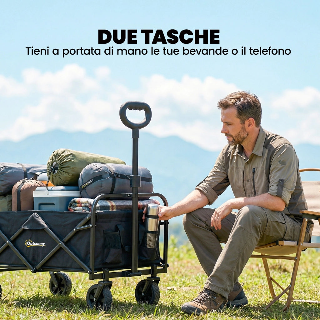 Carrello Giardino Pieghevole 72L ¨C Minimal ¨C Nero Acciaio Tessuto Oxford 114x46x92 cm