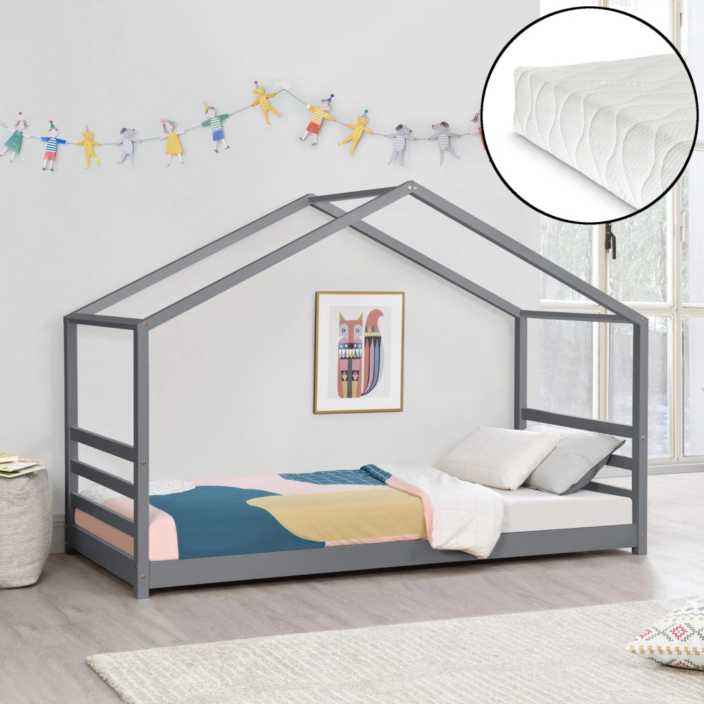 Letto a Casetta per Cameretta Vardø con Materasso 90x200 cm Grigio Scuro [en.casa]