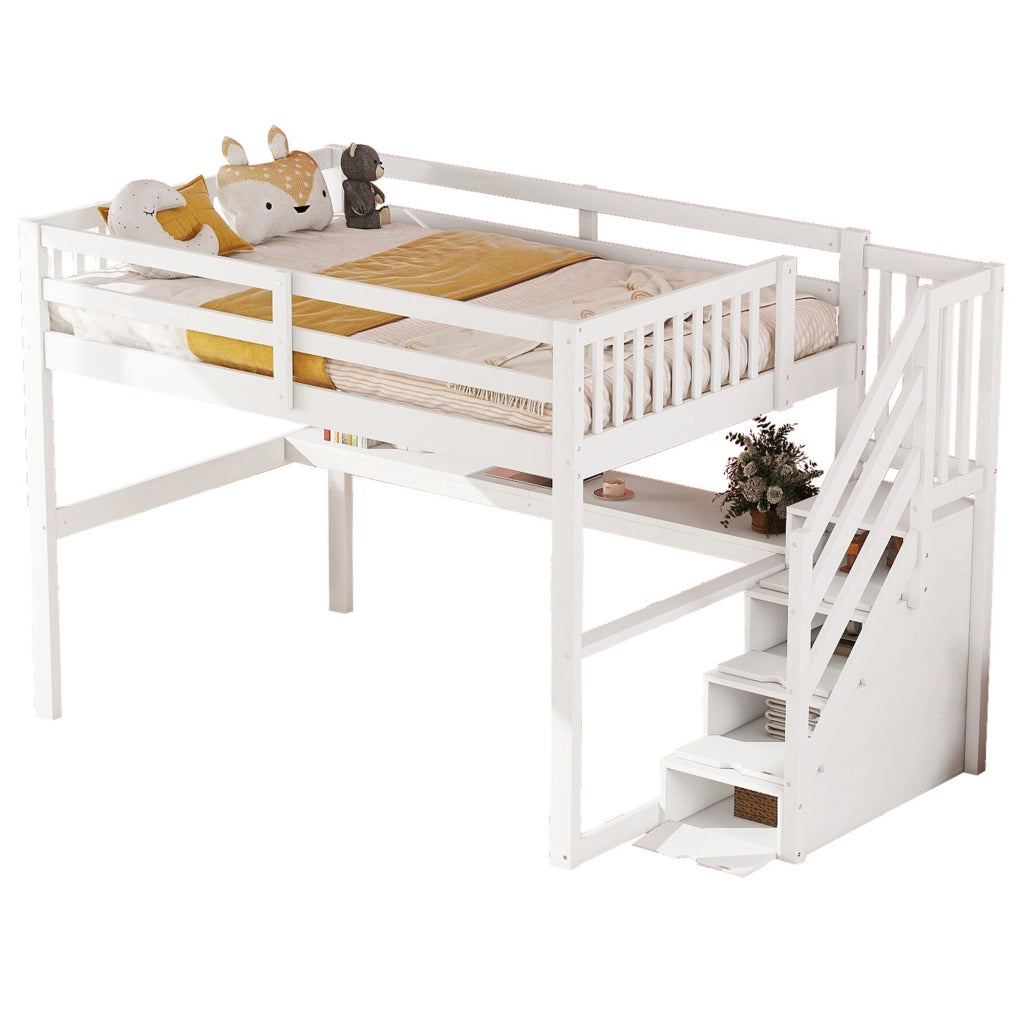 LETTO a soppalco con scrivania e cassetti 140x200 cm Legno di pino Bianco