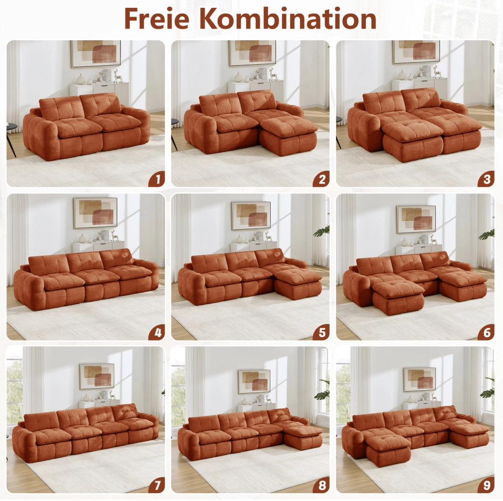 Divano modulare angolare 4 posti con pouf in chenille arancione; 334x160x68 cm