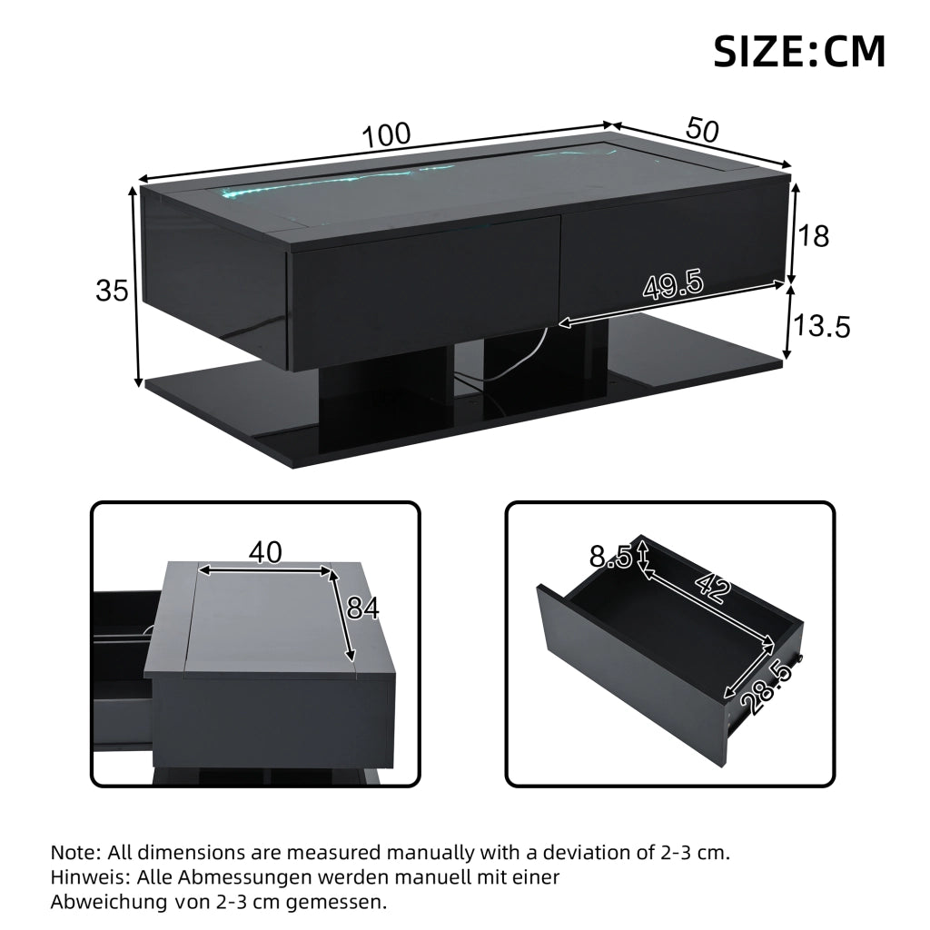 Tavolino basso con 2 cassetti, piano in vetro temperato e LED, finitura lucida, per soggiorno, nero, 100 × 50 × 35 cm