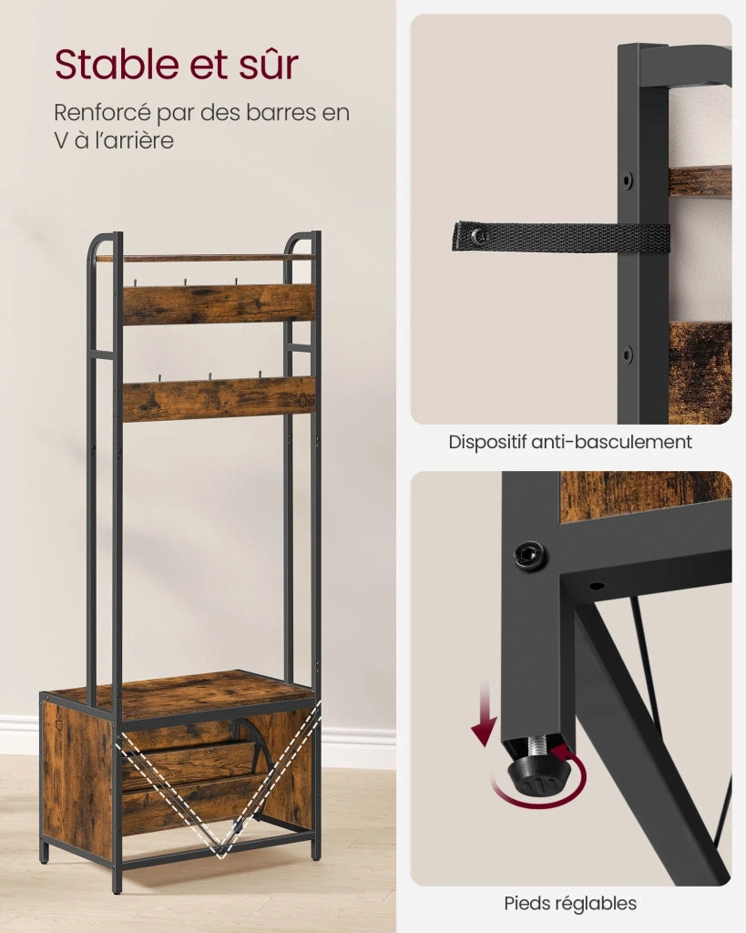 Mobile da ingresso con panca 7 ganci e ripiano appendiabiti per corridoio/camera da letto stile industriale marrone 12_0006385
