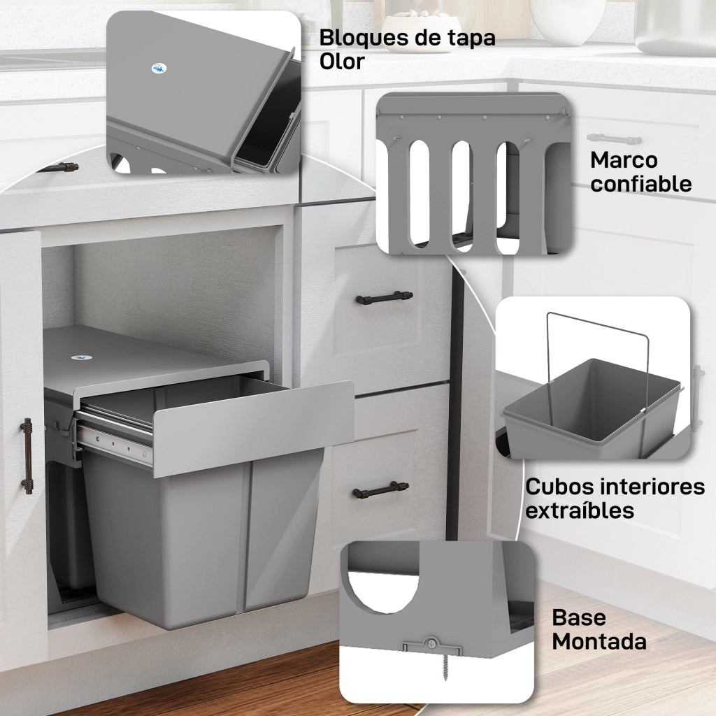 Cestino Sottolavabo Estraibile con 2 Contenitori 30L ¨C zephmum ¨C Grigio Chiaro 60x45x45 cm