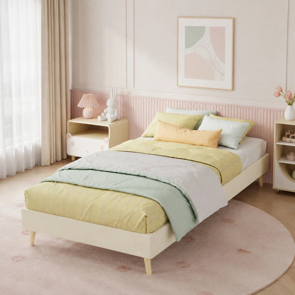 Letto imbottito per bambini 90x200 cm beige con testiera a forma cartoon, struttura robusta e montaggio semplice