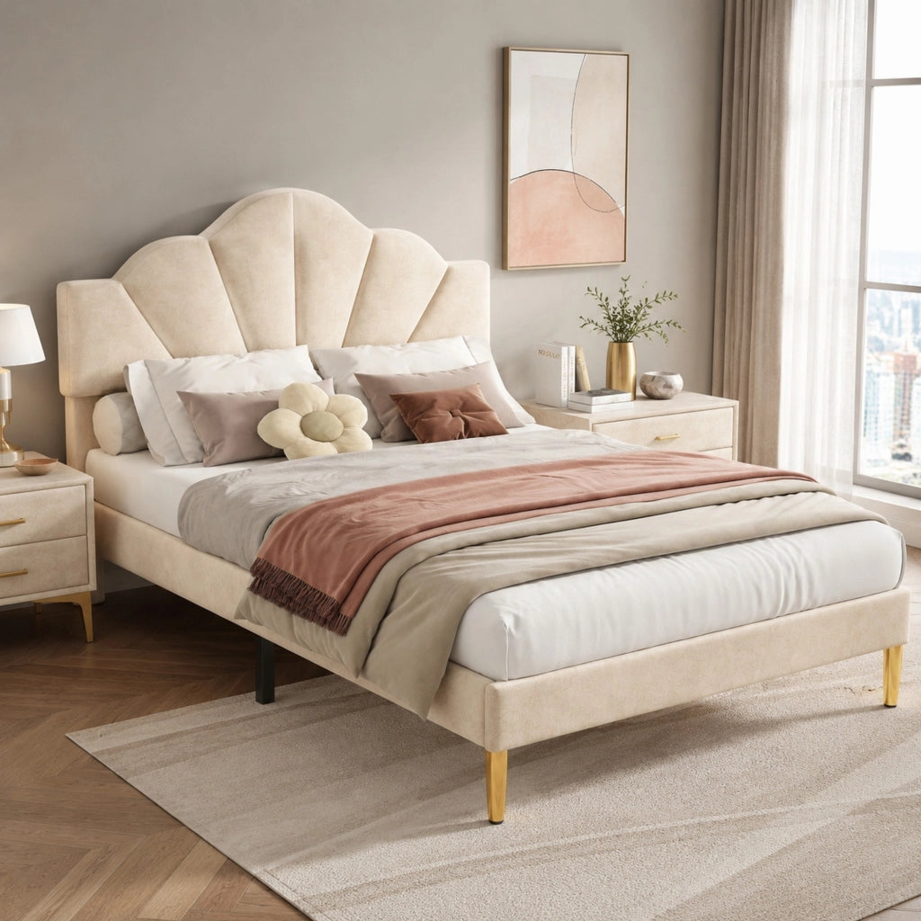 Lit matrimoniale 140 × 200 cm 2 posti con testiera regolabile, senza materasso, in velluto, beige