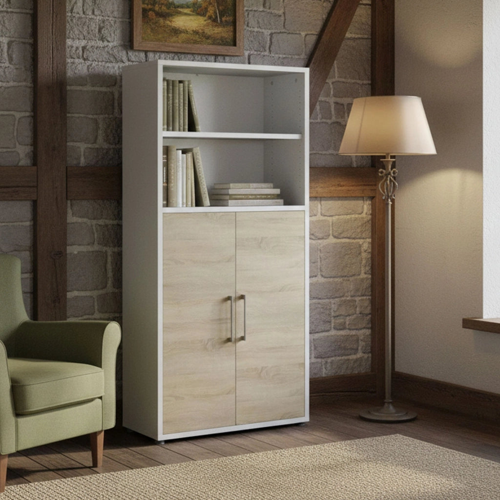 Credenza Saotome, Buffet da soggiorno, Madia da salotto, Dispensa da cucina, 89x40 h186 cm, Bianco e Quercia