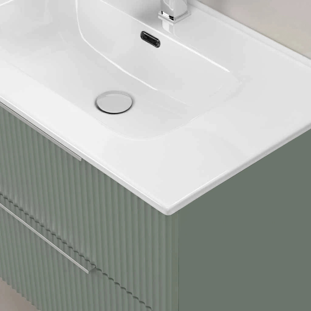 Mobile bagno sospeso 100 cm verde cannettato con lavabo e specchio tondo Zena