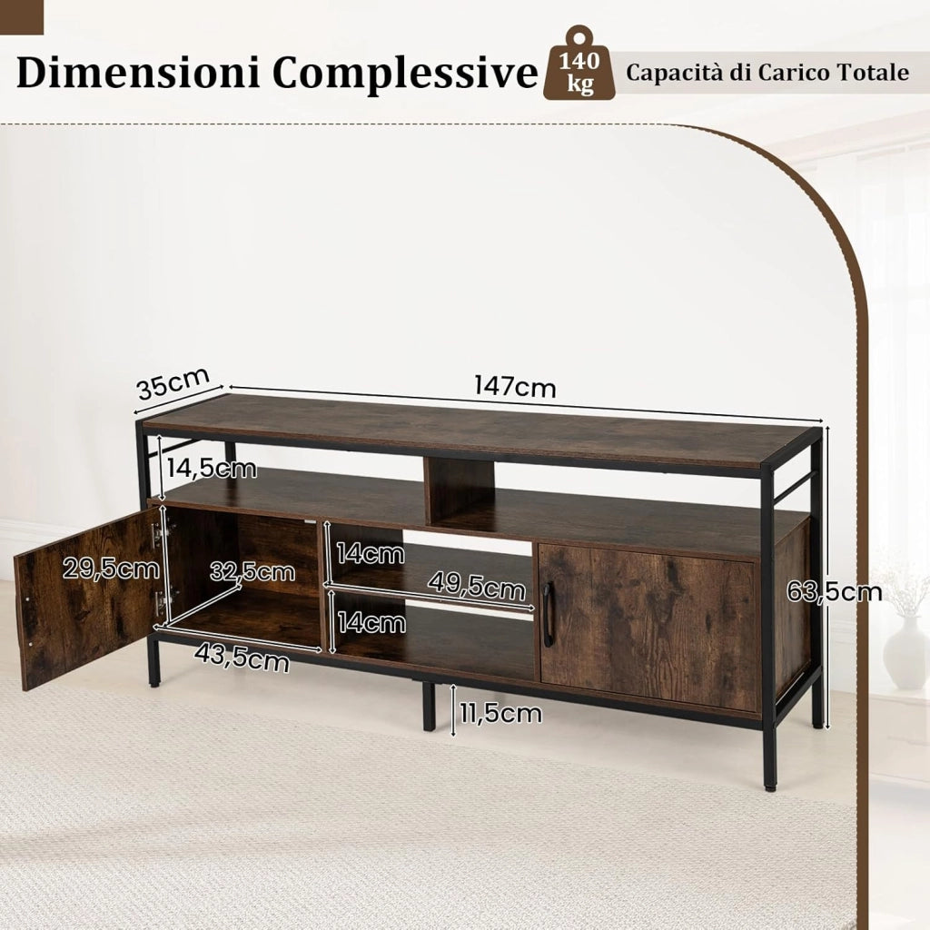 Mobile TV Soggiorno fino a 65", con 2 Armadietti e 4 Ripiani Aperti, Tavolino Porta TV con Gambe in Metallo, Centro di Intrattenimento per Soggiorno Camera da Letto (Marrone, 147 x 35 cm)