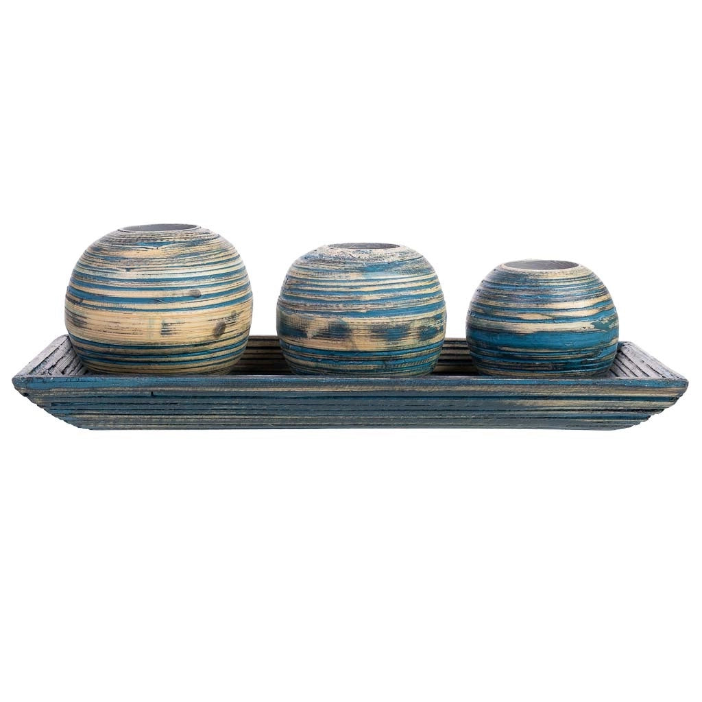 Set vassoio e 3 portacandele in legno di bambù blu 33x13x3h cm