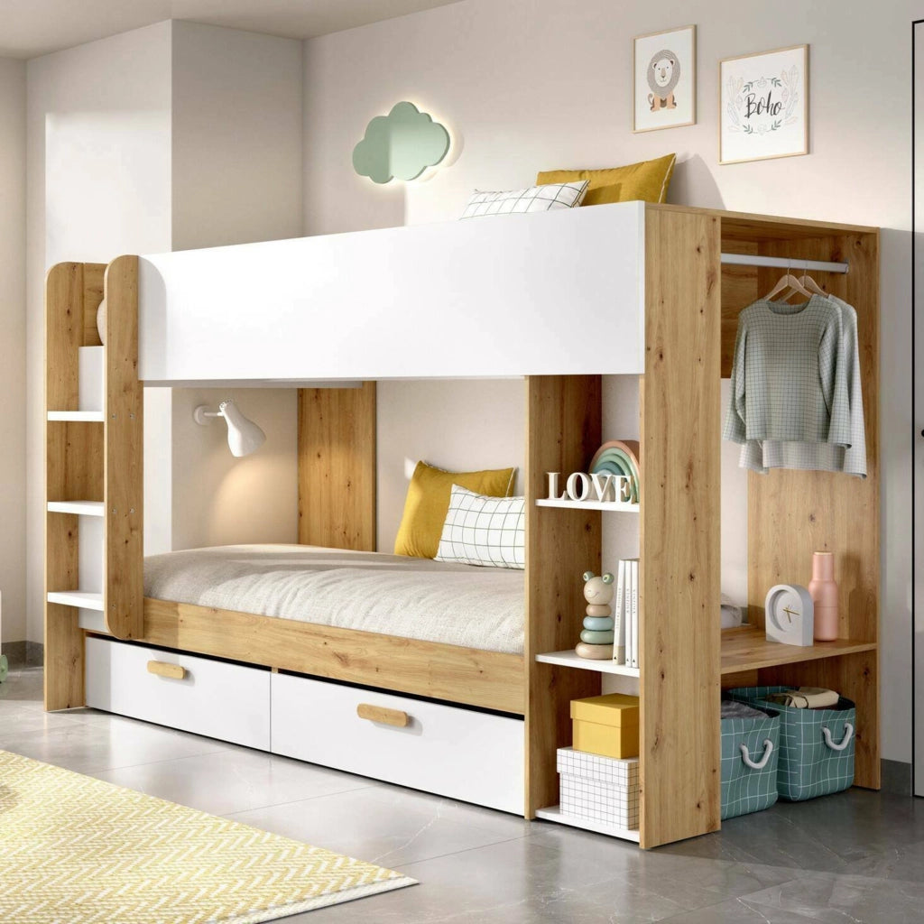 Composizione camera da letto Keli, Stanza da letto completa, Cameretta per bambini, Set per arredo a ponte, 245x110 h150 cm, Bianco e Rovere Nodi