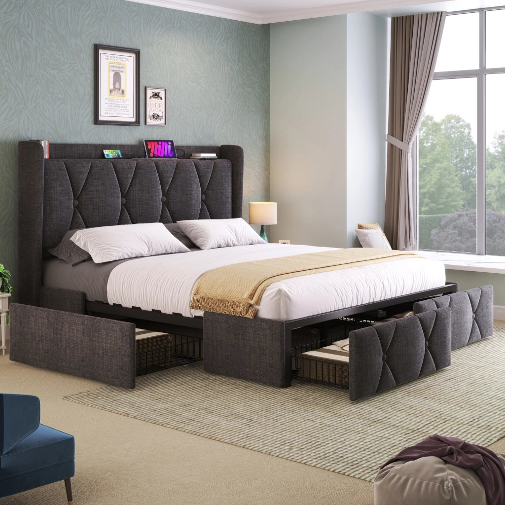 Letto Contenitore 140x200 cm; 4 Cassetti; USB e Prese - in Lino - Grigio