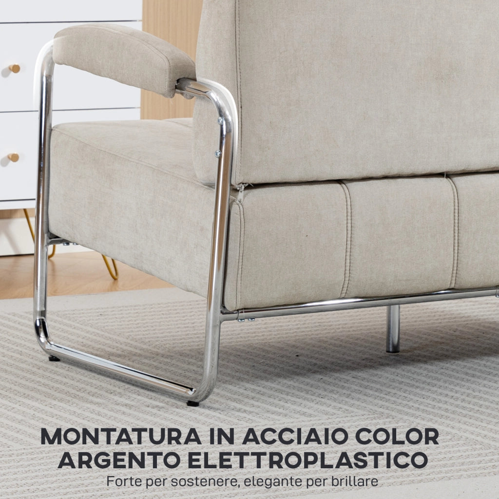 Divano 3 Posti Moderno 174x75x76 cm Rivestito in Ciniglia Struttura in Acciaio Beige