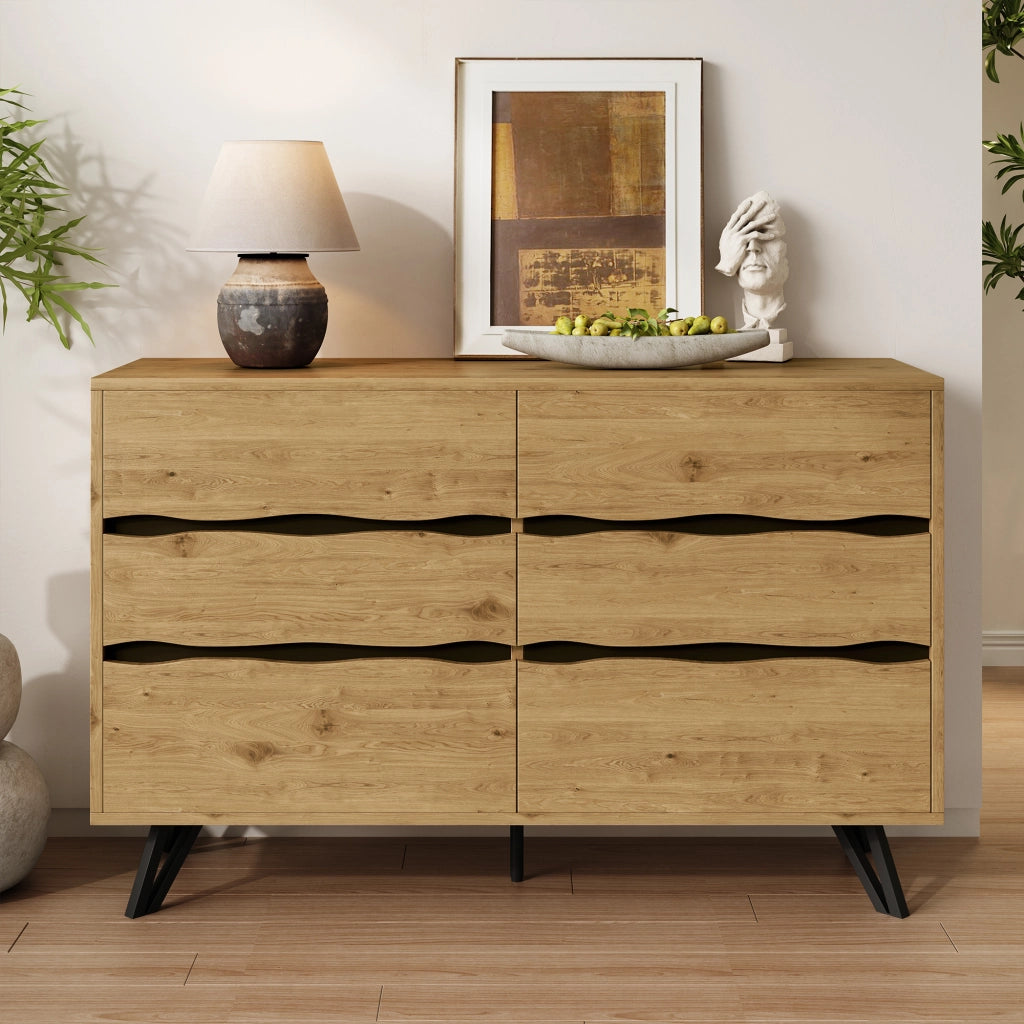 Credenza con 6 Cassetti; Frontali Ondulati e Piedini in Metallo; Stile Moderno; in Pannello Truciolare; Legno; 120??40??75;5 cm