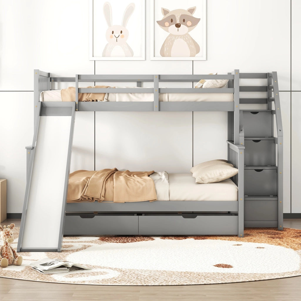 OKWISH Letto a Castello 90×200 cm e 140×200 cm, Letto 3 Posti con Contenitore, Cassetti e Scivolo, senza Materasso, Grigio