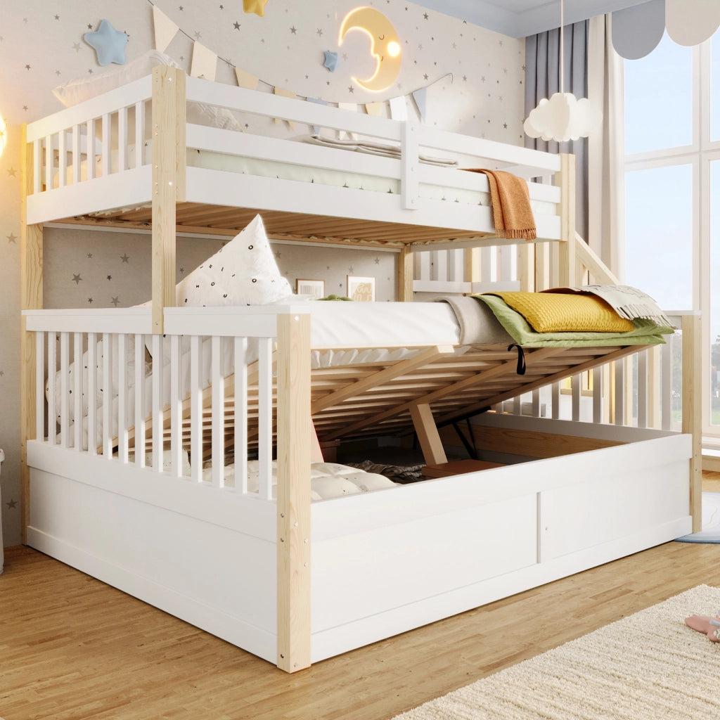OKWISH Letto a Castello 90×200 cm e 140×200 cm, Letto 3 Posti con Contenitore Idraulico, Scala con Contenitori e Sponde, senza Materasso, Bianco e Naturale