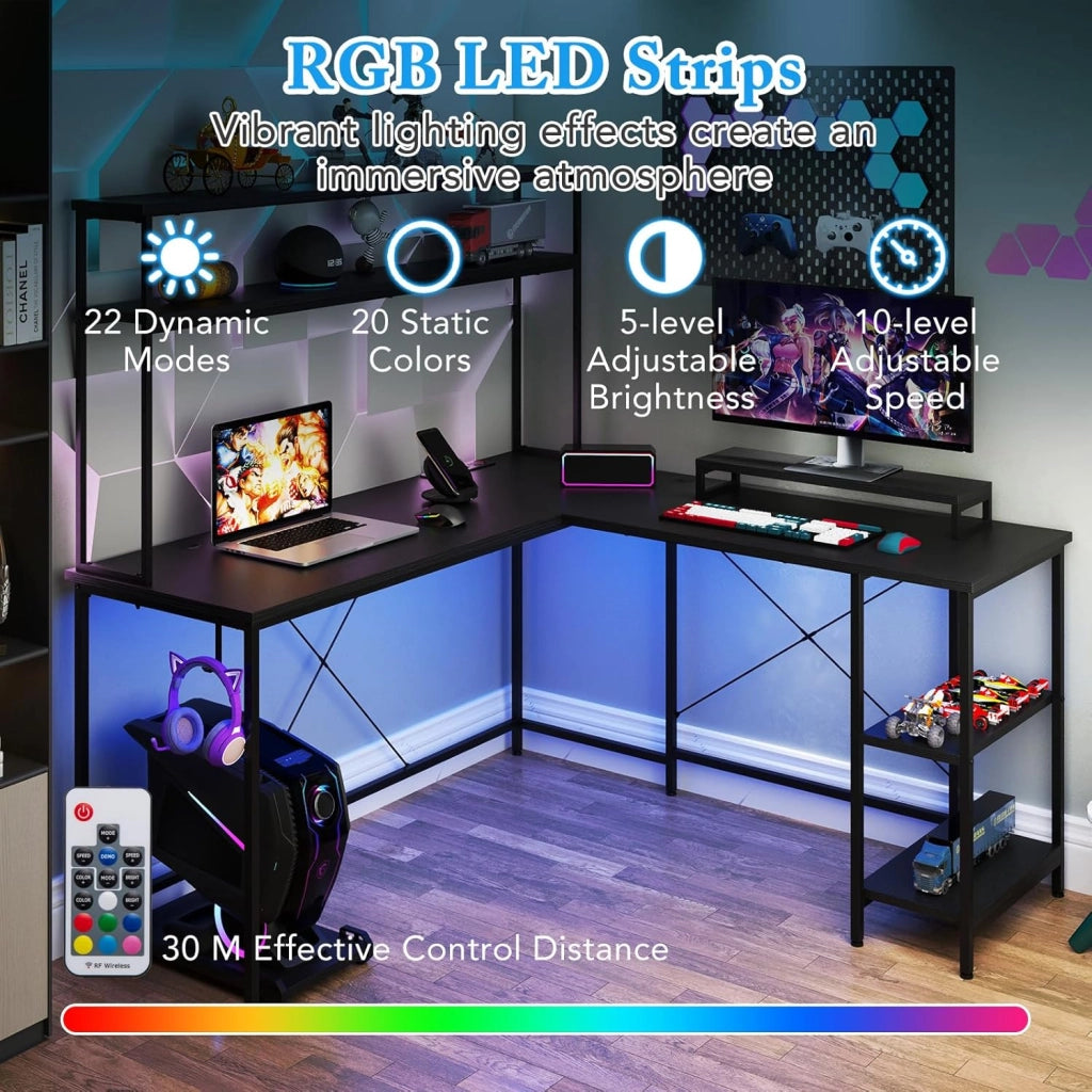 Scrivania per computer a forma di L convertibile con LED, ripiani aperti e supporto per monitor, gancio laterale, stazione di ricarica, 145 x 145 cm, per ufficio, studio (nero)