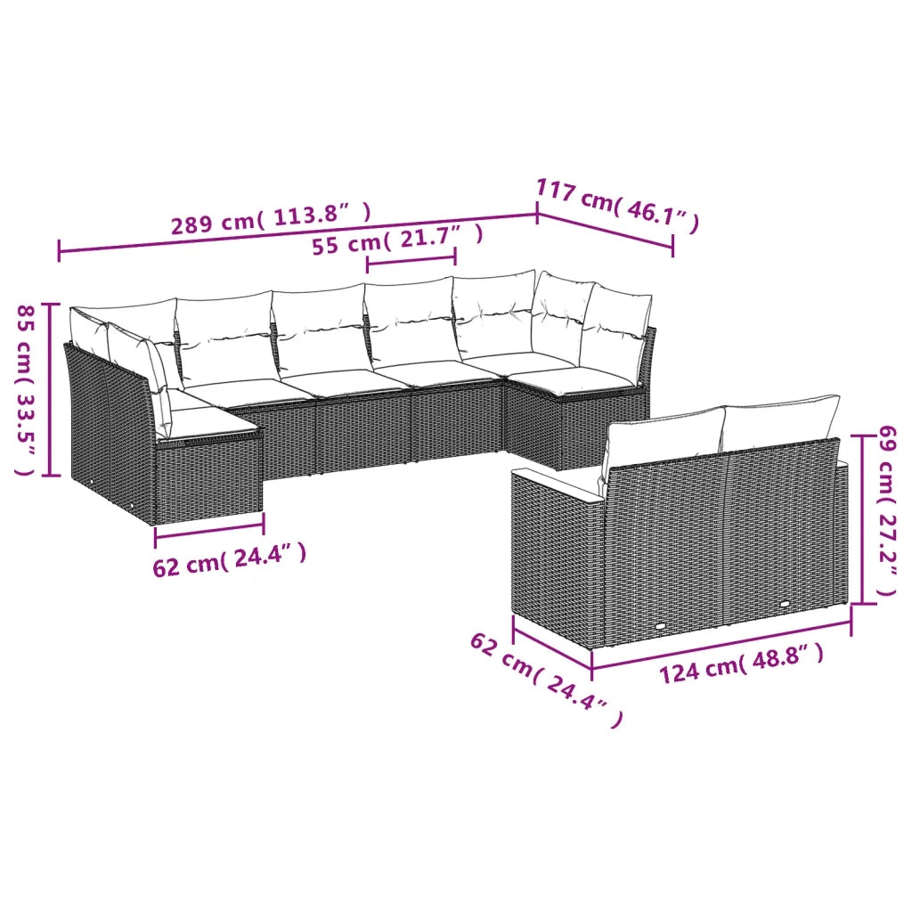 Set Divano da Giardino 9 pz con Cuscini Beige in Polyrattan 3258692