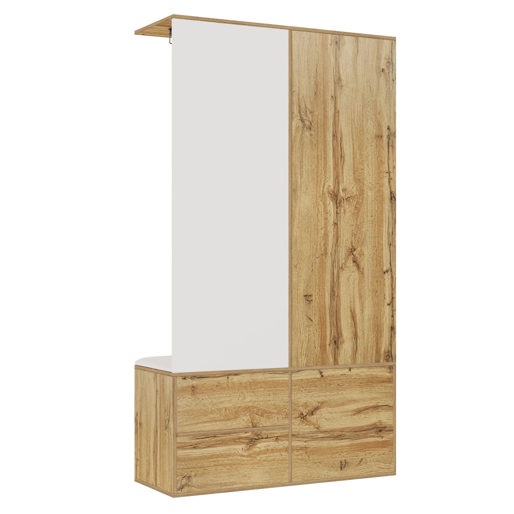 Mobile Ingresso con Specchio; Panca Scarpiera e Armadio Scarpiera con Barra Estraibile; 2 Ganci; Stile Moderno; in Truciolare; 100??38??180 cm; Bianco Naturale