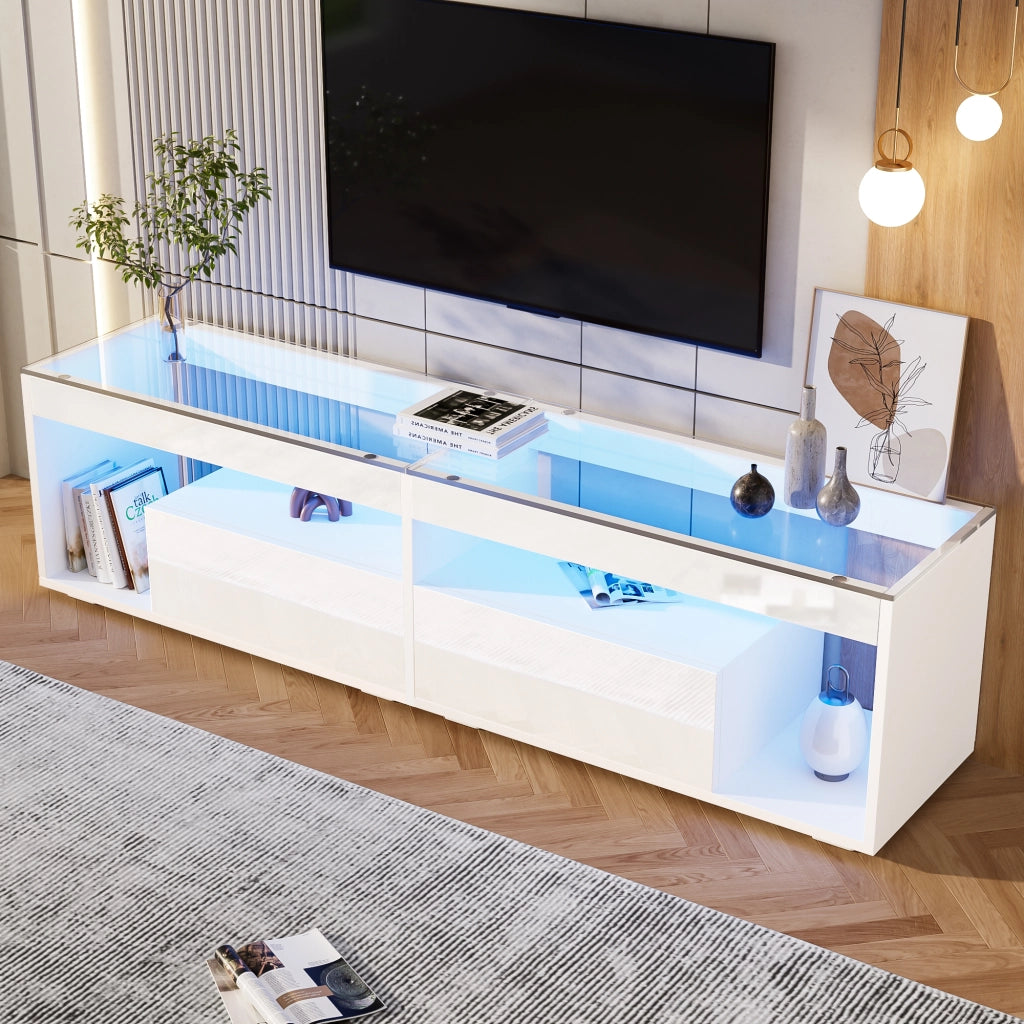 Mobile porta TV con LED, 2 cassetti e ripiani in vetro temperato, per soggiorno, in truciolare, bianco, 180 × 40 × 46 cm