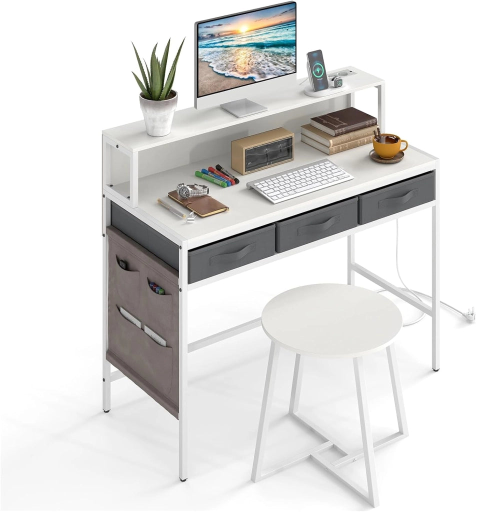 Scrivania per Computer con Supporto Monitor, Set Scrivania Salvaspazio con Sgabello, 3 Cassetti, Tasche Laterali, Stazione di Ricarica, Set Toeletta Trucco per Soggiorno Studio (Marrone)