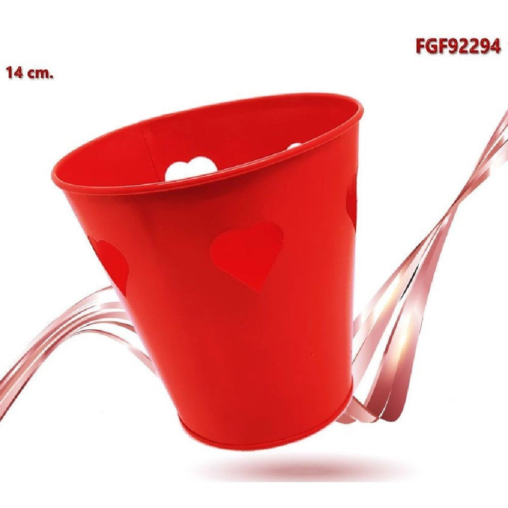 Trade Shop - Secchiello Decorativo Rosso In Latta 14 Cm Cuori Idea Regalo San Valentino 92294 -