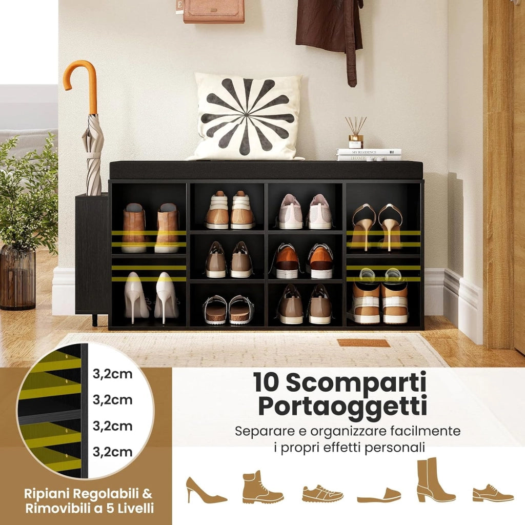 Panca Porta Scarpe con Portaombrelli, Scarpiera da Ingresso a 10 Scomparti con Seduta Imbottita, Ripiani Regolabili e Removibili per Corridoio, Soggiorno e Camera da Letto (Nero)