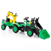 Escavatore a pedali per bambini con 6 ruote rimorchio staccabile e 2 benne, Escavatore a pedali ruspa per bambini 3-6 anni Verde-Macchinine giocattoli