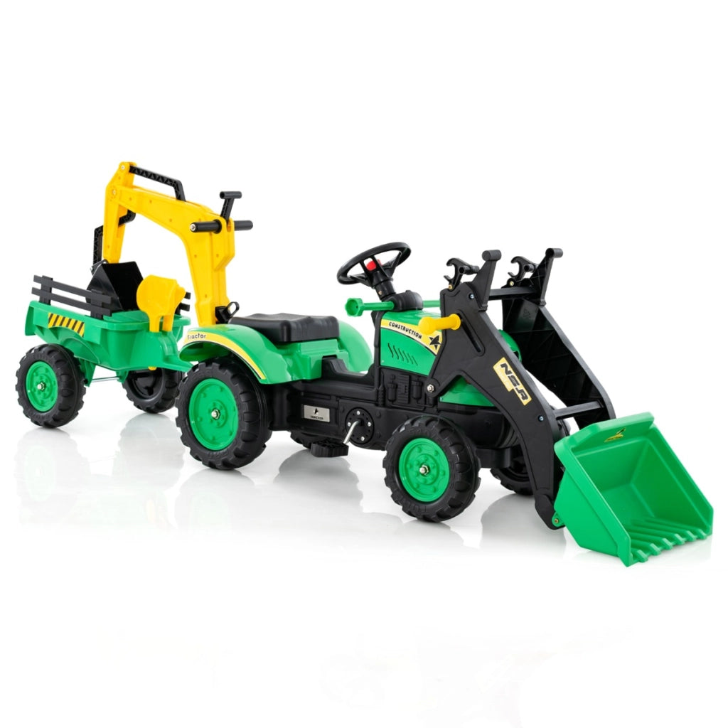 Escavatore a pedali per bambini con 6 ruote rimorchio staccabile e 2 benne, Escavatore a pedali ruspa per bambini 3-6 anni Verde-Macchinine giocattoli