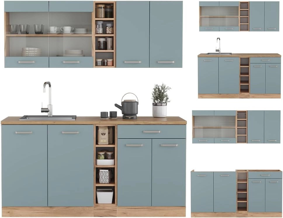 Cucina completa R-Line, Rovere blu-grigio/oro, 160 cm, PL Rovere, adatto per combinazioni ed espansioni personalizzate