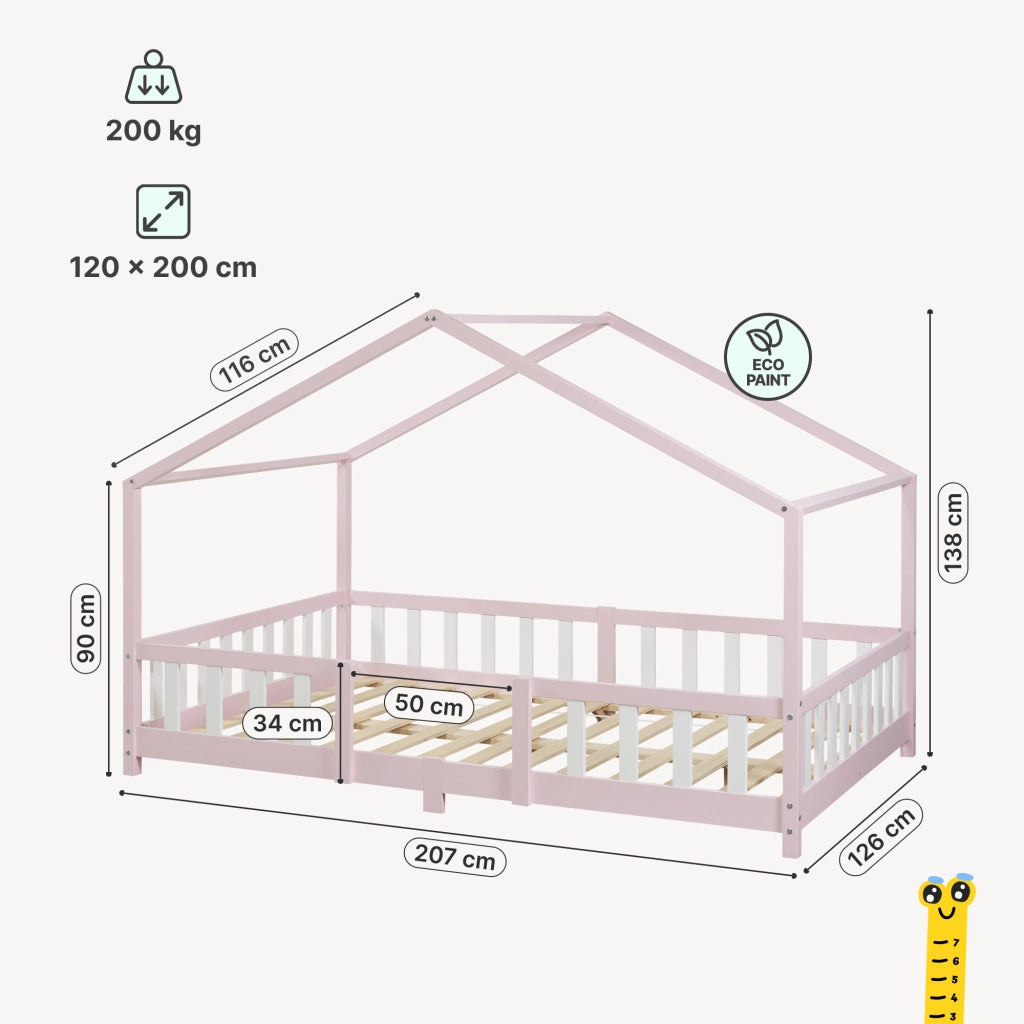 Letto per Cameretta Treviolo a Forma di Casetta in Stile Montessori con Materasso 120x200 cm - Rosa/Bianco [en.casa]