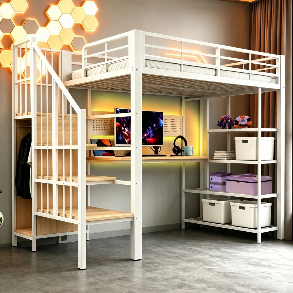 Letto a soppalco 90x200 cm con scrivania, scala contenitore, LED e prese