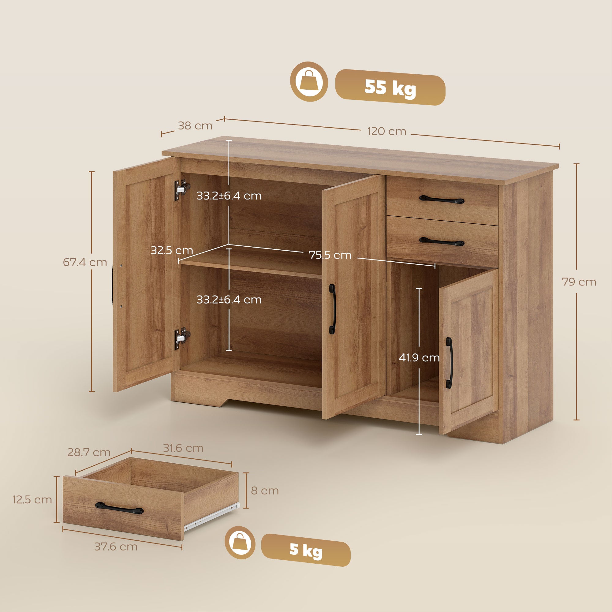 Mobile Cucina Buffet 120x38x79 cm con 2 Cassetti e 3 Armadietti in MDF Rovere