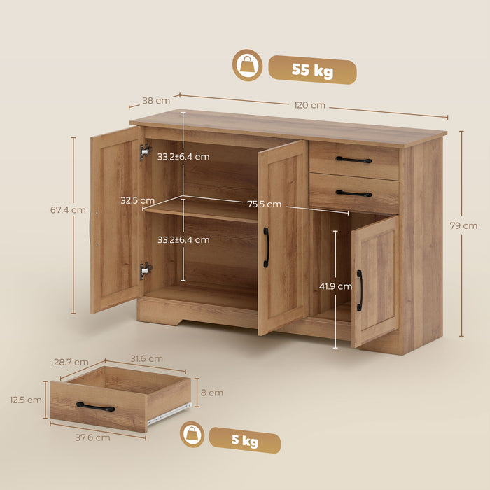 Mobile Cucina Buffet 120x38x79 cm con 2 Cassetti e 3 Armadietti in MDF Rovere