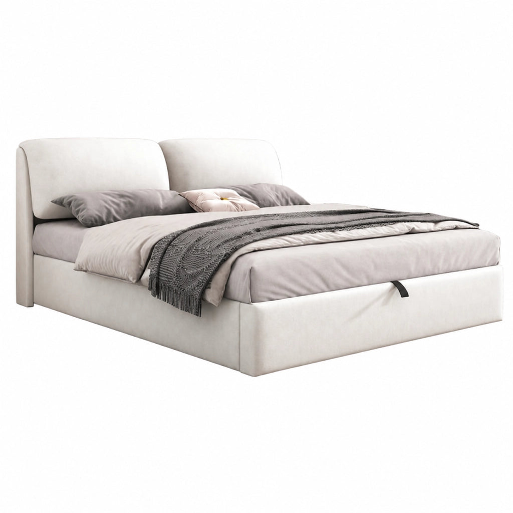 Letto contenitore 180x200 cm; matrimoniale con contenitore idraulico; 3 cassetti; rete a doghe e testiera; velluto; beige