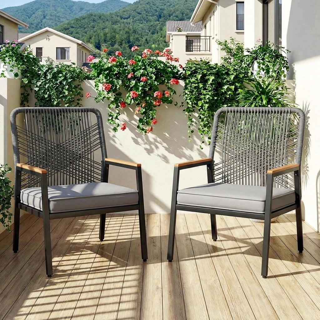 Sedie da giardino in rattan, Set da 2, Sedie da patio resistenti alle intemperie, Sedie da balcone in metallo, Portata massima 160 kg, Braccioli in WPC, Per patio, giardino e veranda, Grigio