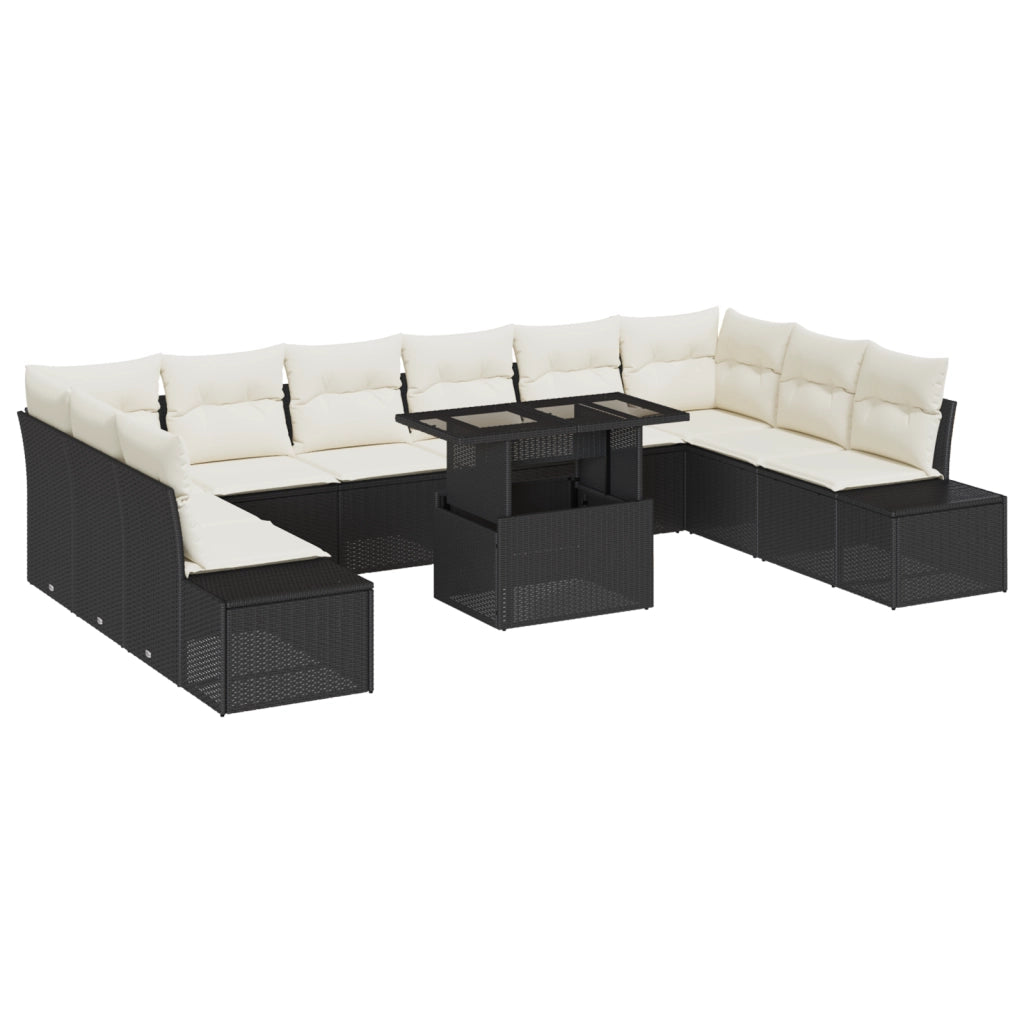 Set da Giardino in Rattan Nero con Cuscini - 11 Pezzi
