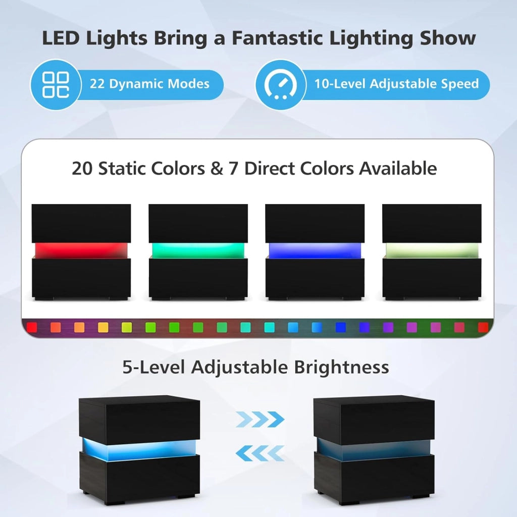 Comodino con Illuminazione a LED, 45 x 35 x 45 cm, Comodino con 2 Cassetti, LED con 22 Modalità Dinamiche, 5 Livelli di Luminosità e Telecomando (1, Nero)