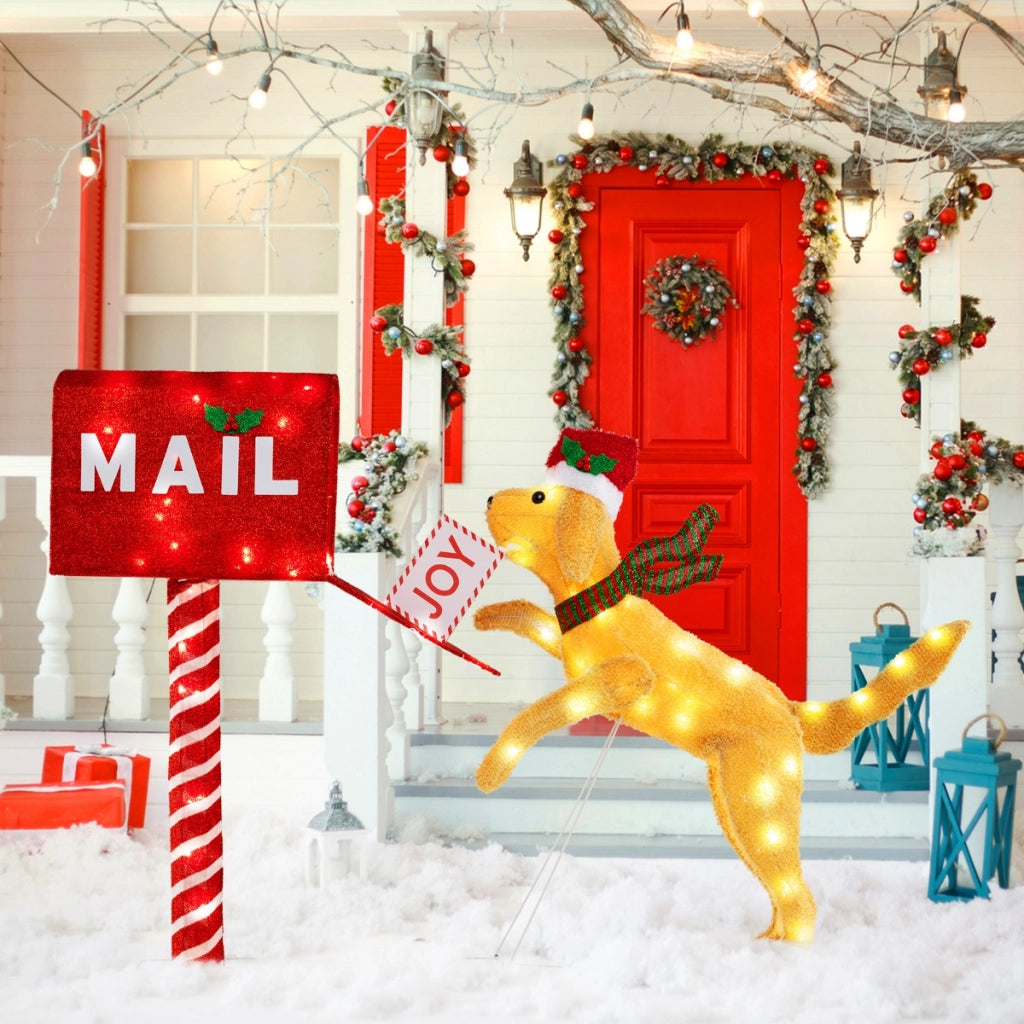 Cassetta postale natalizia e cane con 120 luci LED bianco caldo, Decorazione festiva pre-illuminata con fascette-Decorazioni festive