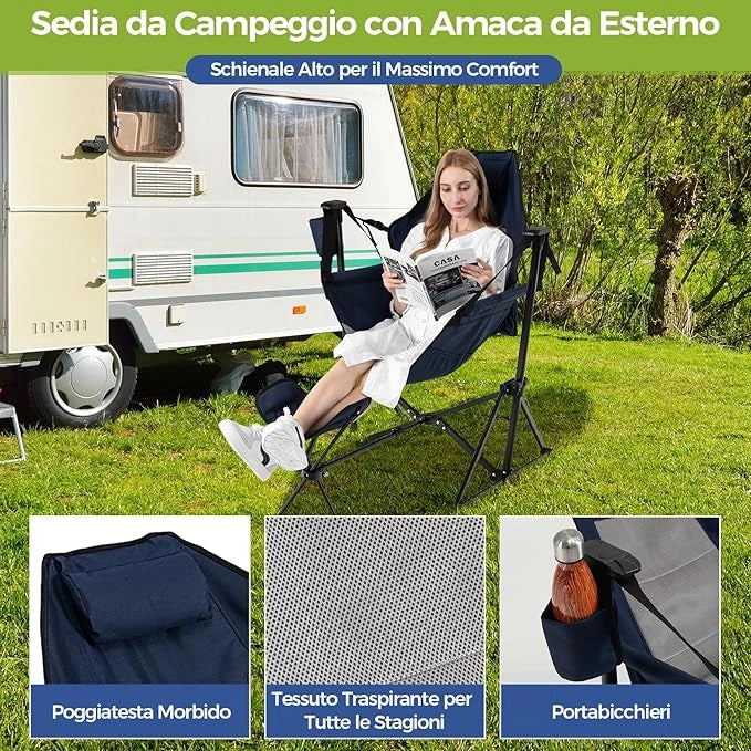 Sedia da Campeggio, Sedia Pieghevole per Esterni con Schienale e Poggiapiedi Regolabili, Poggiatesta, Porta Bicchiere e Borsa da Trasporto per Spiaggia, Giardino, Pesca, Supporta 150 kg (Blu)