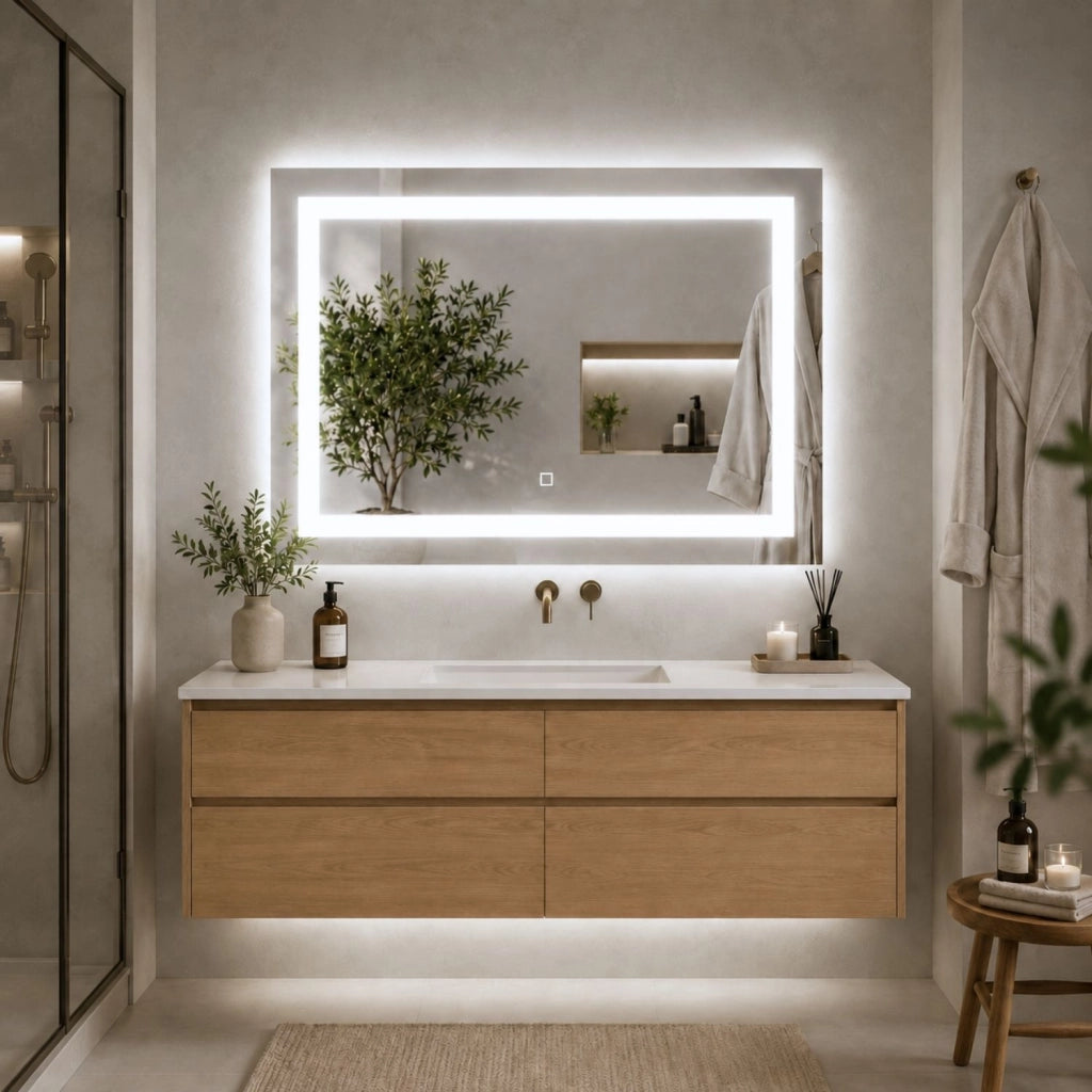 Specchio da bagno rettangolare led con interruttore touch e cornice in alluminio *** misure 100x80 cm, tonalità dimm...