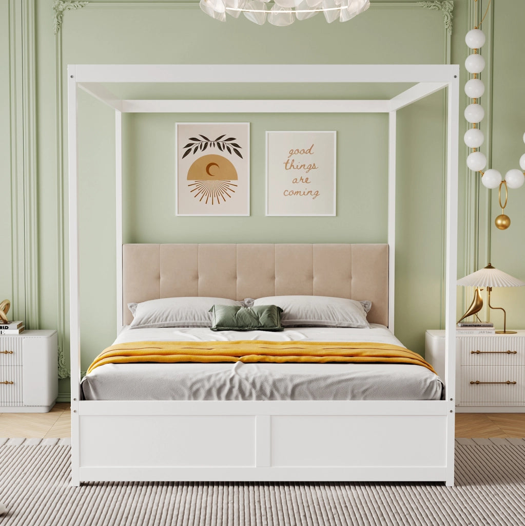 Letto a tenda 140x200 cm; con cassetti e testiera imbottita; legno bianco